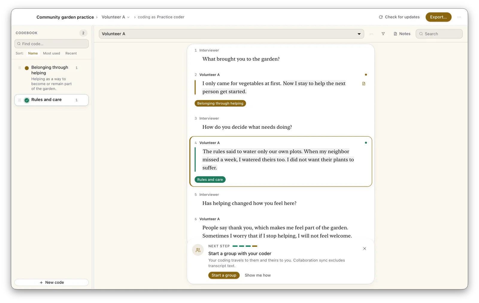 Fleuron practice study showing the renamed Belonging through helping code on one phrase and Rules and care on a whole interview turn.